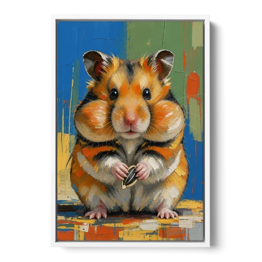 Cute Animal Wall Art of a Stuffed Cheek Hamster - White Framed Canvas Wall Art - Front
