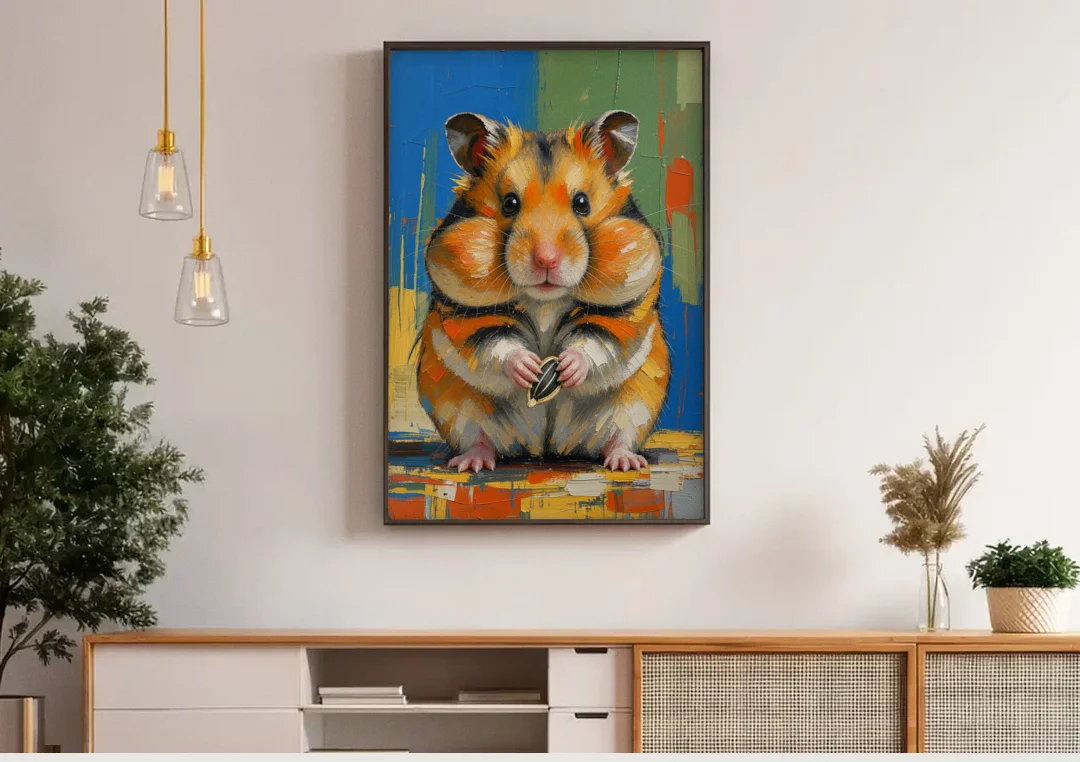 Cute Animal Wall Art of a Stuffed Cheek Hamster canvas wall art above a wooden sideboard under pendant lights
