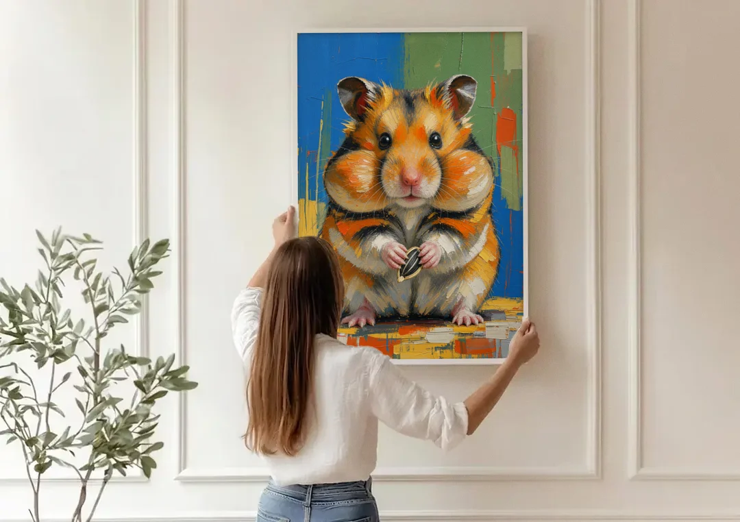 Cute Animal Wall Art of a Stuffed Cheek Hamster canvas wall art being hung on a paneled wall