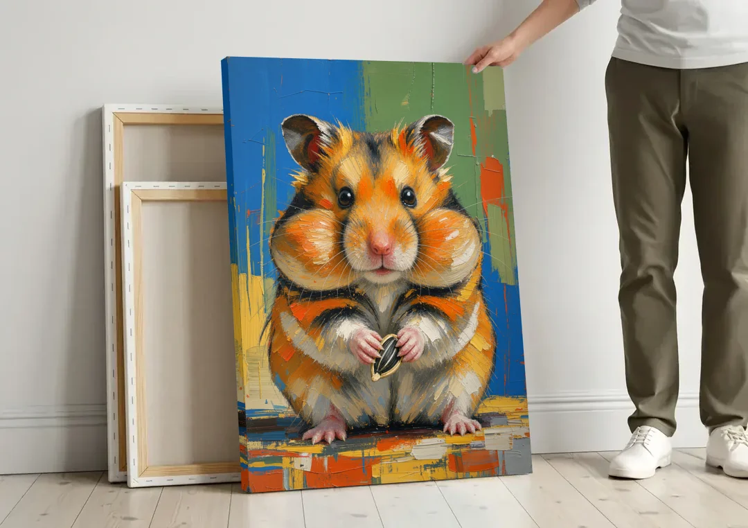 Cute Animal Wall Art of a Stuffed Cheek Hamster canvas wall art leaning against a wall next to blank canvases