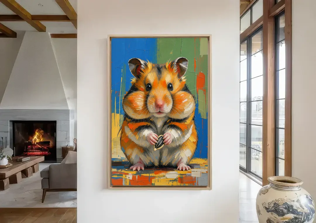 Cute Animal Wall Art of a Stuffed Cheek Hamster canvas wall art in a living room with a fireplace