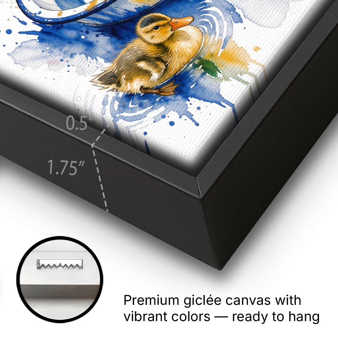 Cute Bathroom Wall Art of Ducklings Around a Washtub - Black Framed Canvas Wall Art - Gallery Wrap Corner
