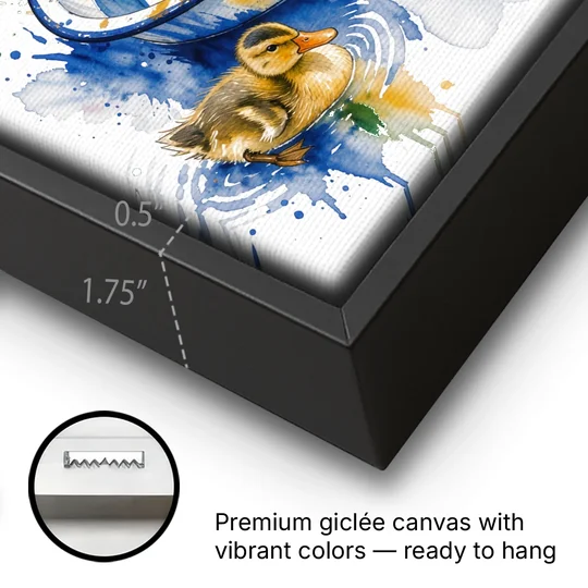 Cute Bathroom Wall Art of Ducklings Around a Washtub - Black Framed Canvas Wall Art - Gallery Wrap Corner