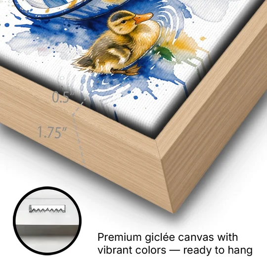 Cute Bathroom Wall Art of Ducklings Around a Washtub - Oak Framed Canvas Wall Art - Gallery Wrap Corner