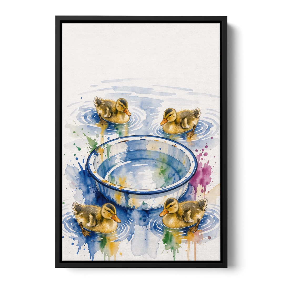 Cute Bathroom Wall Art of Ducklings Around a Washtub - Black Framed Canvas Wall Art - Front