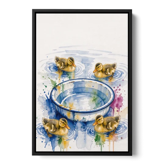 Cute Bathroom Wall Art of Ducklings Around a Washtub - Black Framed Canvas Wall Art - Front