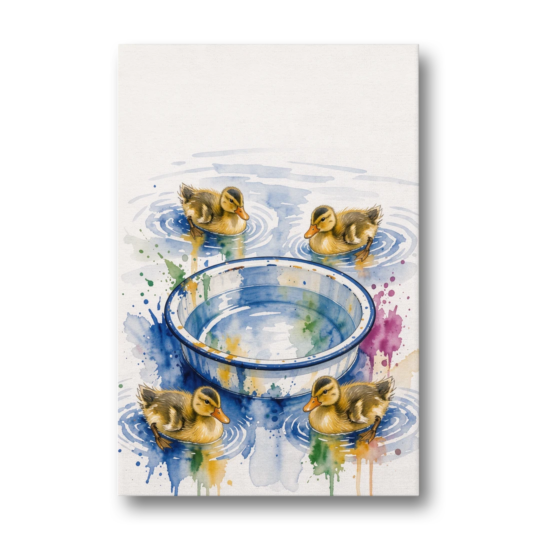 Cute Bathroom Wall Art of Ducklings Around a Washtub - Canvas Wall Art - Front