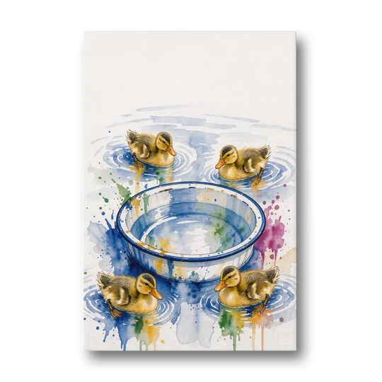 Cute Bathroom Wall Art of Ducklings Around a Washtub - Canvas Wall Art - Front