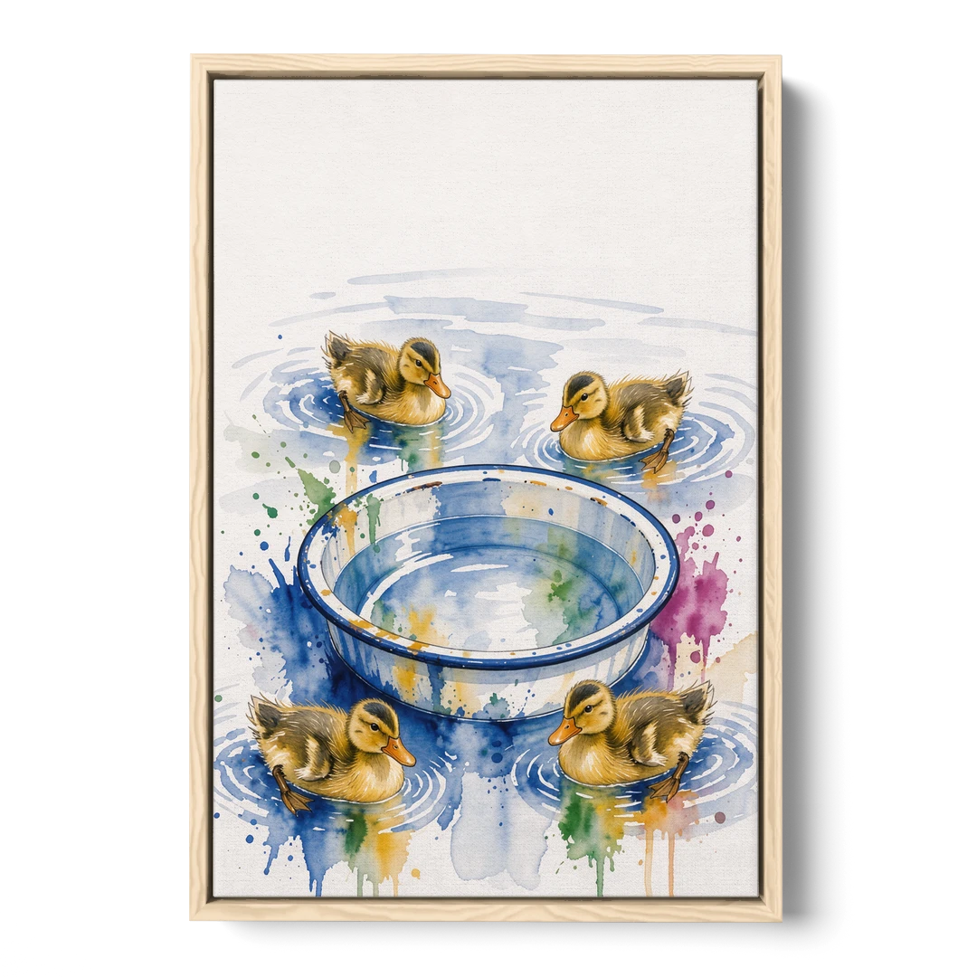 Cute Bathroom Wall Art of Ducklings Around a Washtub - Oak Framed Canvas Wall Art - Front