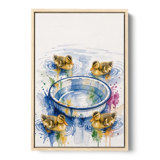 Cute Bathroom Wall Art of Ducklings Around a Washtub - Oak Framed Canvas Wall Art - Front