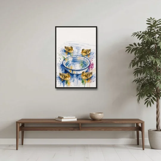 Cute Bathroom Wall Art of Ducklings Around a Washtub - Black Framed Canvas Wall Art - Coffee Table - 24x36