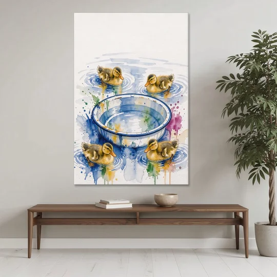 Cute Bathroom Wall Art of Ducklings Around a Washtub - Canvas Wall Art - Coffee Table - 40x60