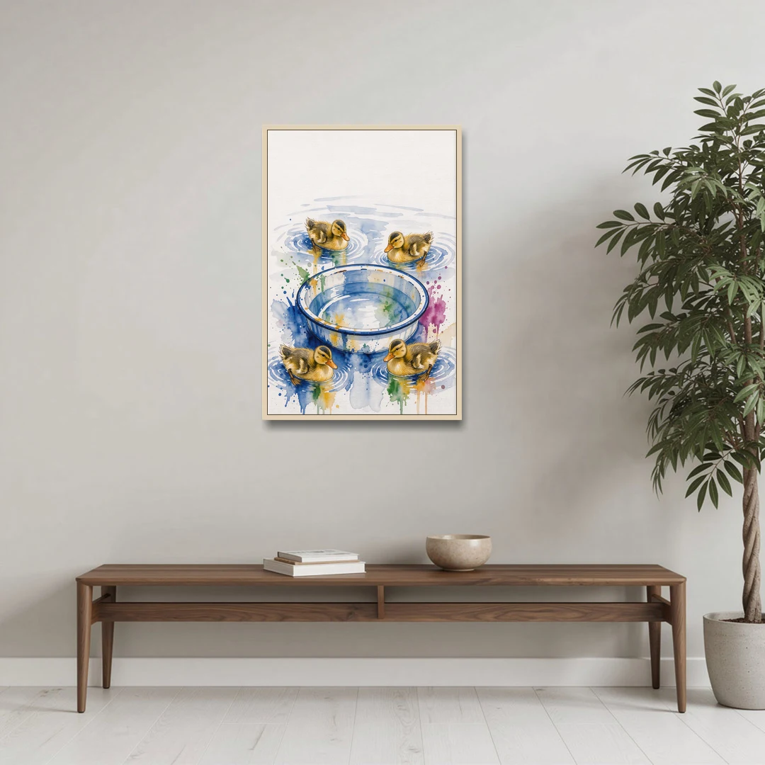Cute Bathroom Wall Art of Ducklings Around a Washtub - Oak Framed Canvas Wall Art - Coffee Table - 24x36