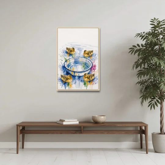 Cute Bathroom Wall Art of Ducklings Around a Washtub - Oak Framed Canvas Wall Art - Coffee Table - 24x36