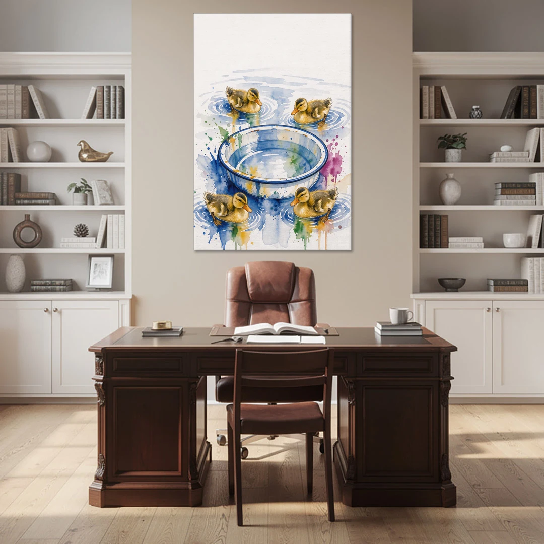 Cute Bathroom Wall Art of Ducklings Around a Washtub - Canvas Wall Art - Office - 40x60