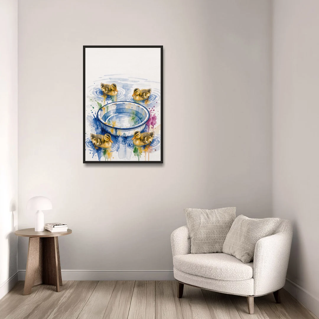 Cute Bathroom Wall Art of Ducklings Around a Washtub - Black Framed Canvas Wall Art - Sofa - 24x36