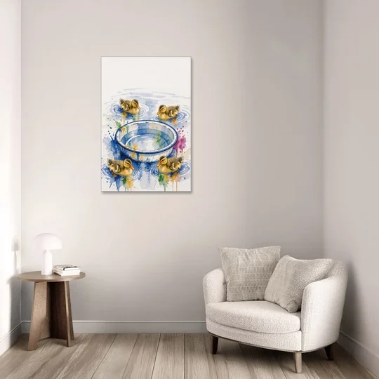 Cute Bathroom Wall Art of Ducklings Around a Washtub - Canvas Wall Art - Sofa - 24x36