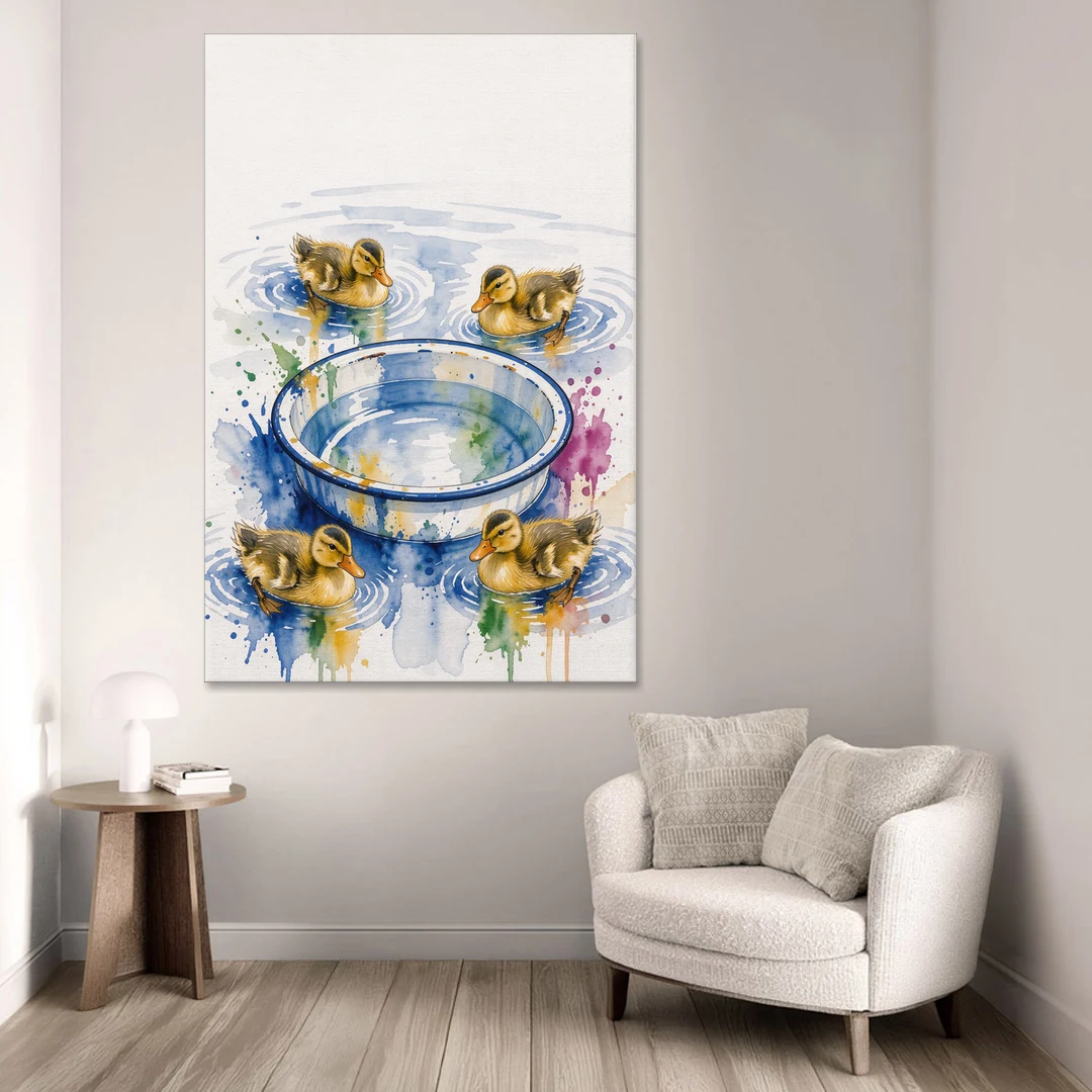 Cute Bathroom Wall Art of Ducklings Around a Washtub - Canvas Wall Art - Sofa - 40x60