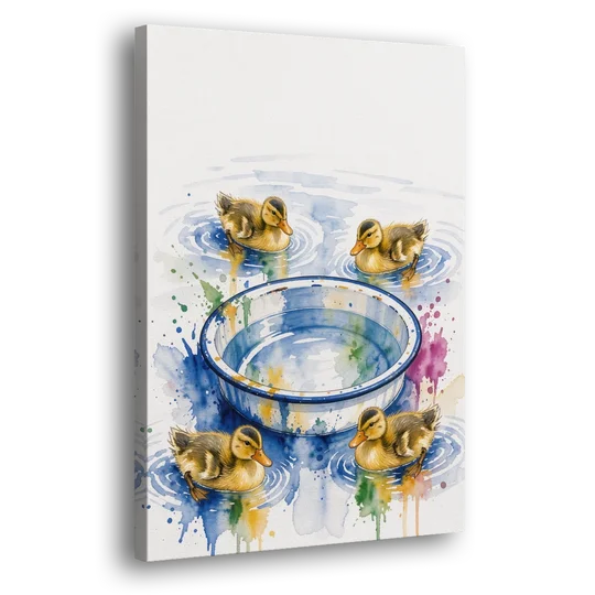 Cute Bathroom Wall Art of Ducklings Around a Washtub - Canvas Wall Art - Side