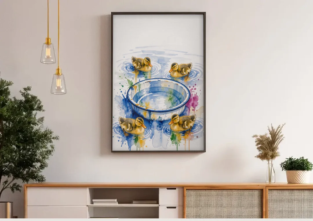 Cute Bathroom Wall Art of Ducklings Around a Washtub canvas wall art above a wooden sideboard under pendant lights