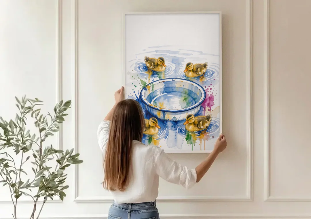 Cute Bathroom Wall Art of Ducklings Around a Washtub canvas wall art being hung on a paneled wall