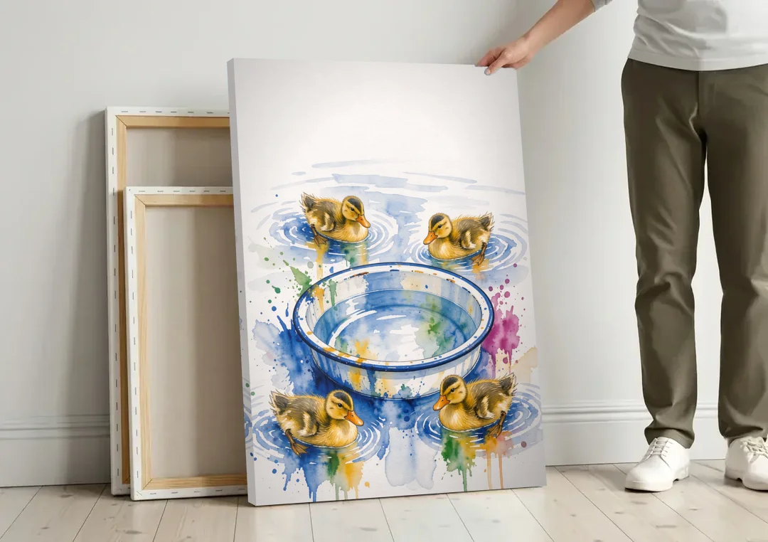 Cute Bathroom Wall Art of Ducklings Around a Washtub canvas wall art leaning against a wall next to blank canvases