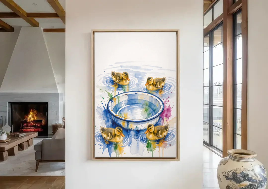 Cute Bathroom Wall Art of Ducklings Around a Washtub canvas wall art in a living room with a fireplace