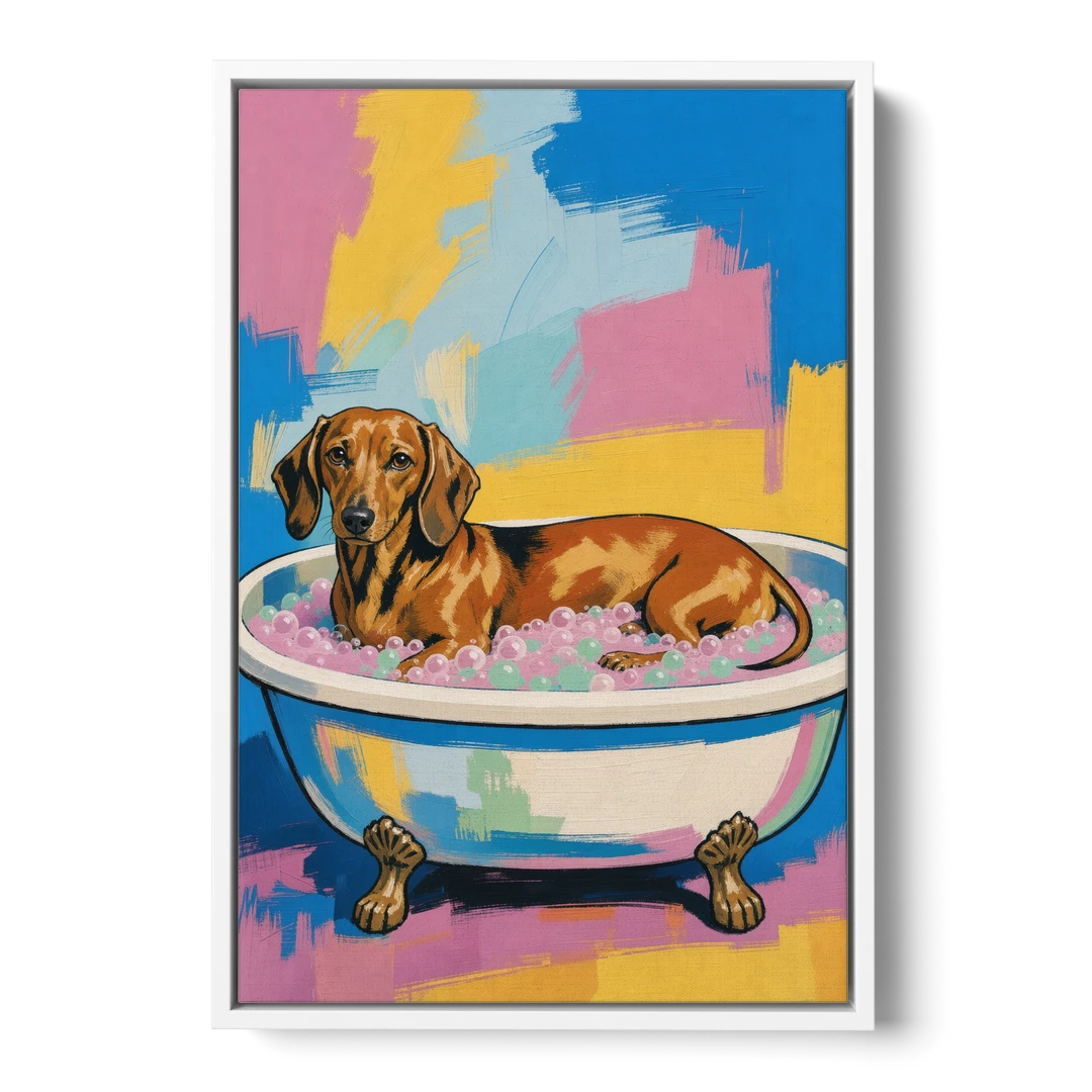 Dachshund Bathroom Decor Stretched Out in Bubbles - White Framed Canvas Wall Art - Front