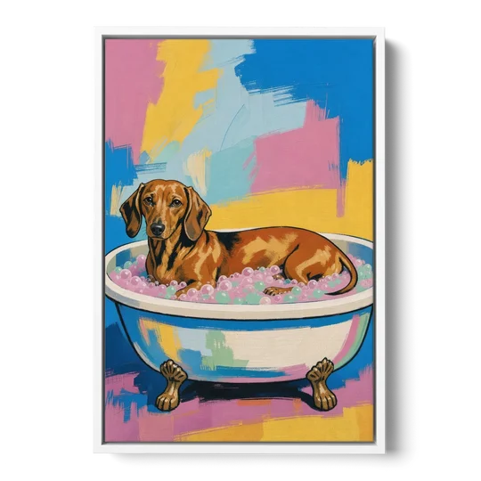 Dachshund Bathroom Decor Stretched Out in Bubbles - White Framed Canvas Wall Art - Front