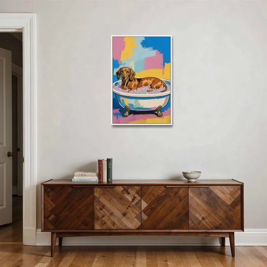 Dachshund Bathroom Decor Stretched Out in Bubbles - White Framed Canvas Wall Art - Coffee Table - 24x36