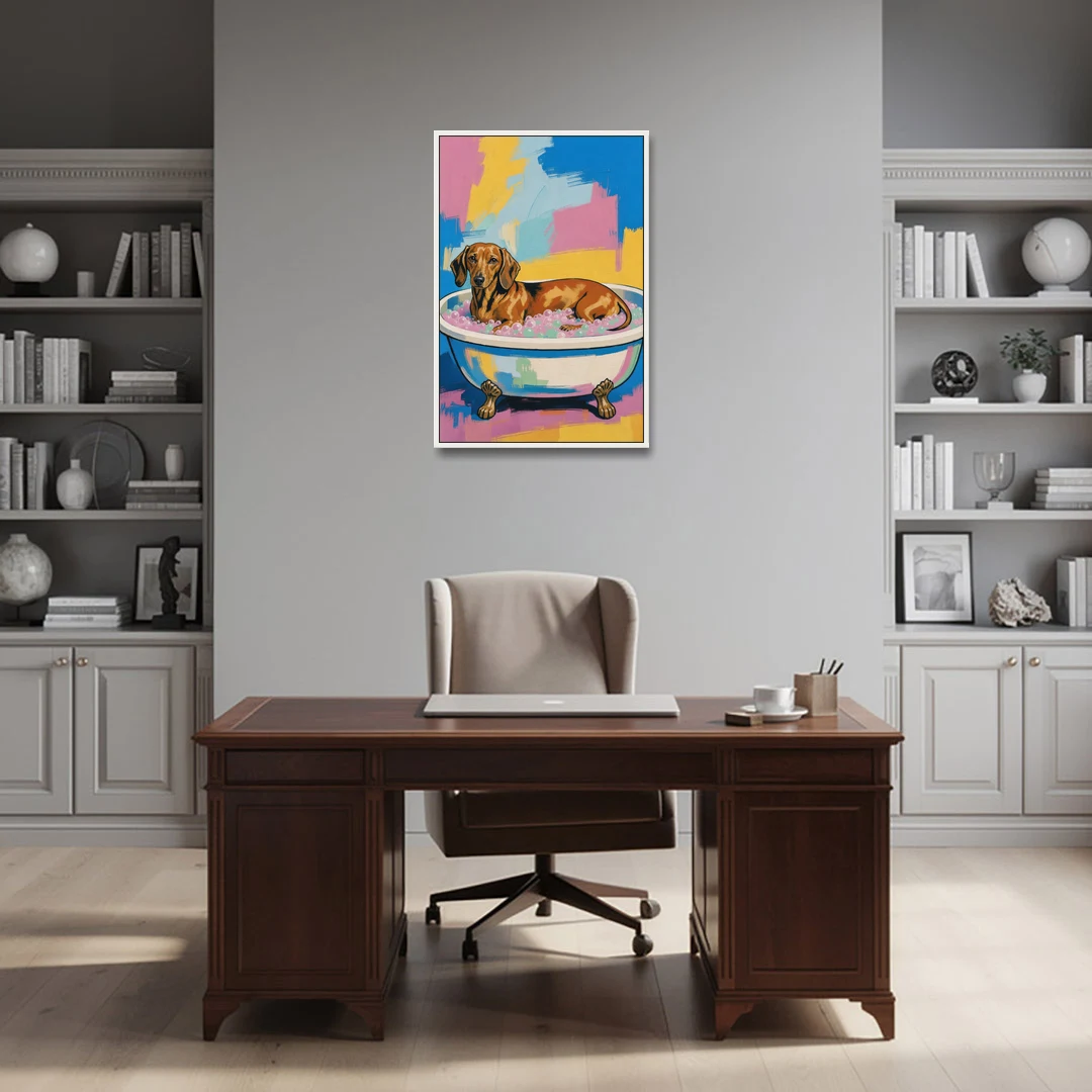 Dachshund Bathroom Decor Stretched Out in Bubbles - White Framed Canvas Wall Art - Office - 24x36