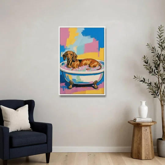 Dachshund Bathroom Decor Stretched Out in Bubbles - White Framed Canvas Wall Art - Sofa - 24x36