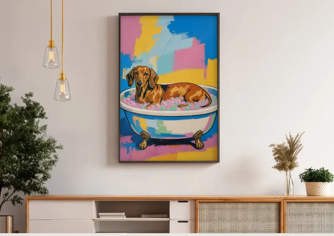 Dachshund Bathroom Decor Stretched Out in Bubbles canvas wall art above a wooden sideboard under pendant lights