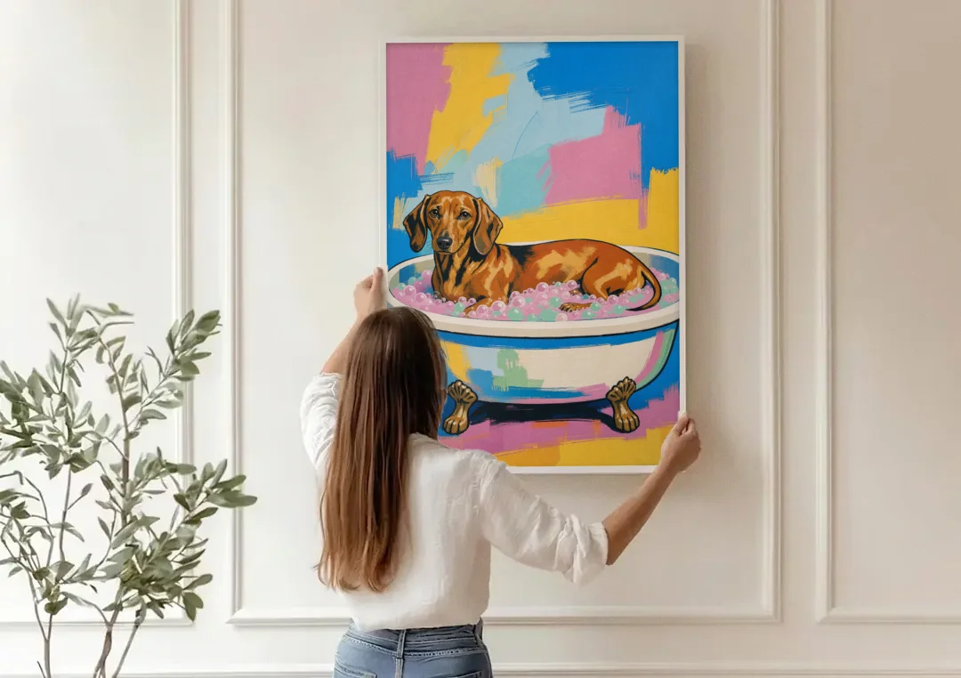 Dachshund Bathroom Decor Stretched Out in Bubbles canvas wall art being hung on a paneled wall
