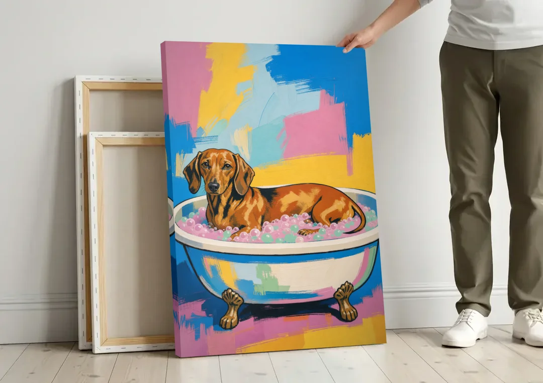 Dachshund Bathroom Decor Stretched Out in Bubbles canvas wall art leaning against a wall next to blank canvases
