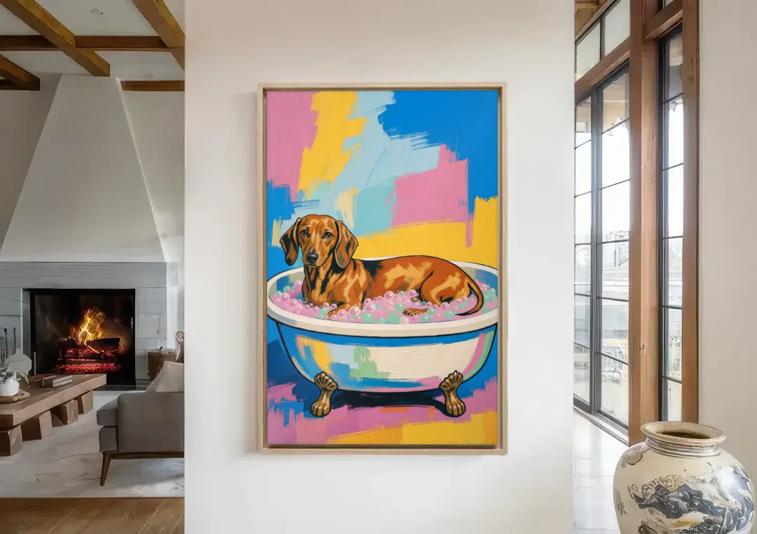 Dachshund Bathroom Decor Stretched Out in Bubbles canvas wall art in a living room with a fireplace