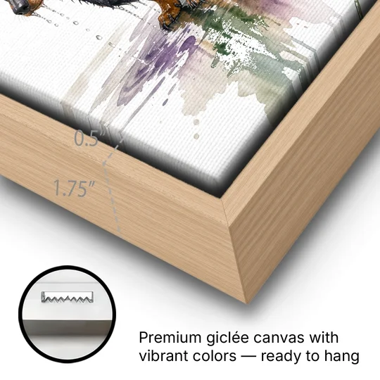 Dachshund Bathroom Wall Art Fresh from the Bath - Oak Framed Canvas Wall Art - Gallery Wrap Corner