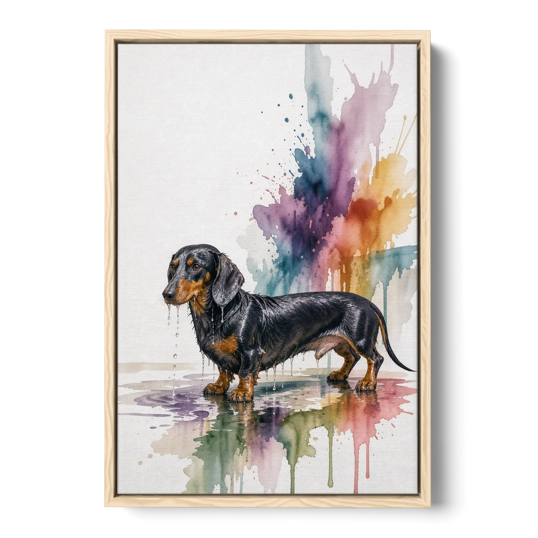 Dachshund Bathroom Wall Art Fresh from the Bath - Oak Framed Canvas Wall Art - Front
