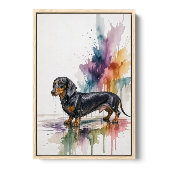 Dachshund Bathroom Wall Art Fresh from the Bath - Oak Framed Canvas Wall Art - Front