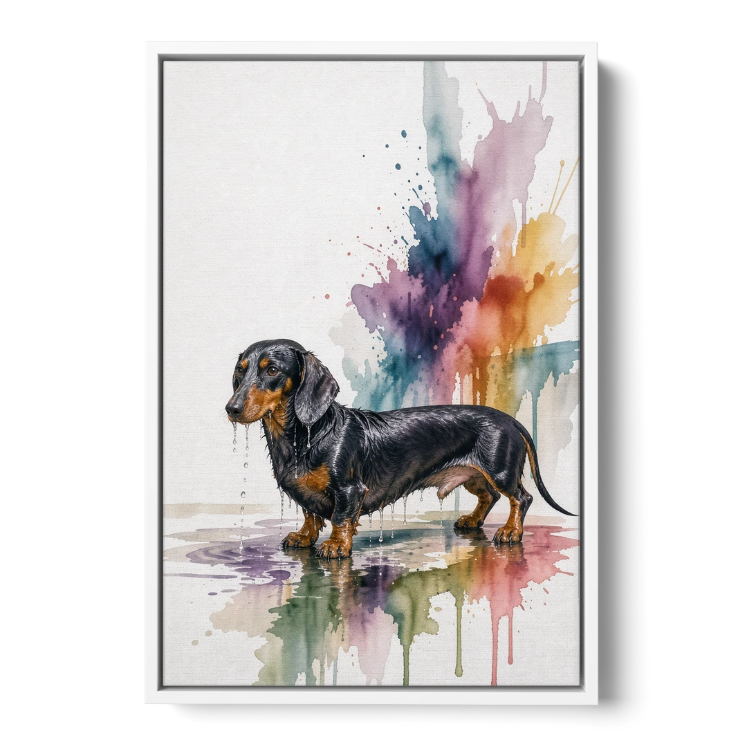 Dachshund Bathroom Wall Art Fresh from the Bath - White Framed Canvas Wall Art - Front