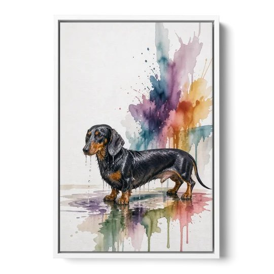 Dachshund Bathroom Wall Art Fresh from the Bath - White Framed Canvas Wall Art - Front
