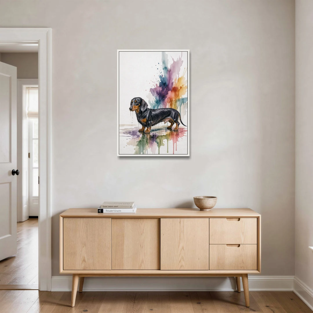 Dachshund Bathroom Wall Art Fresh from the Bath - White Framed Canvas Wall Art - Coffee Table - 24x36