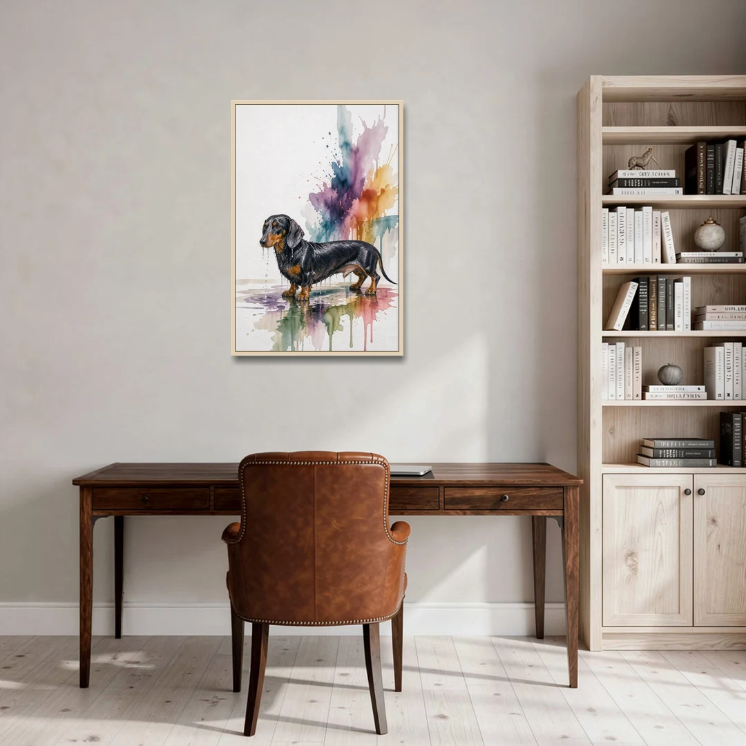 Dachshund Bathroom Wall Art Fresh from the Bath - Oak Framed Canvas Wall Art - Office - 24x36