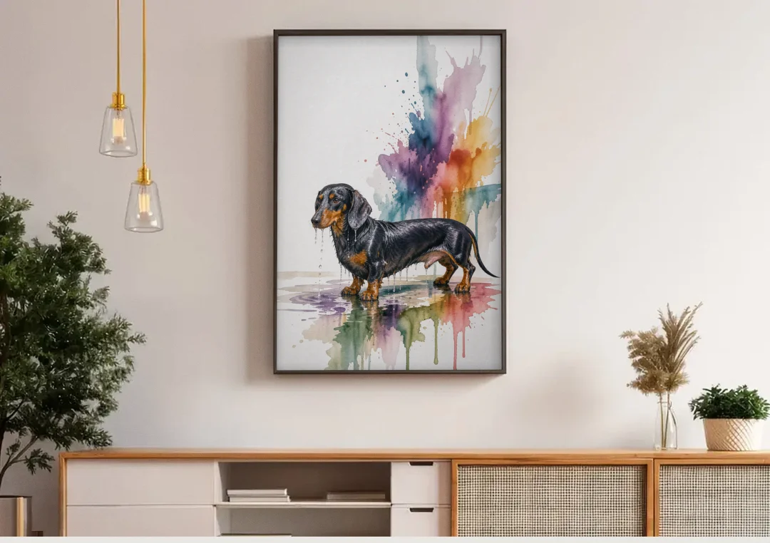 Dachshund Bathroom Wall Art Fresh from the Bath canvas wall art above a wooden sideboard under pendant lights
