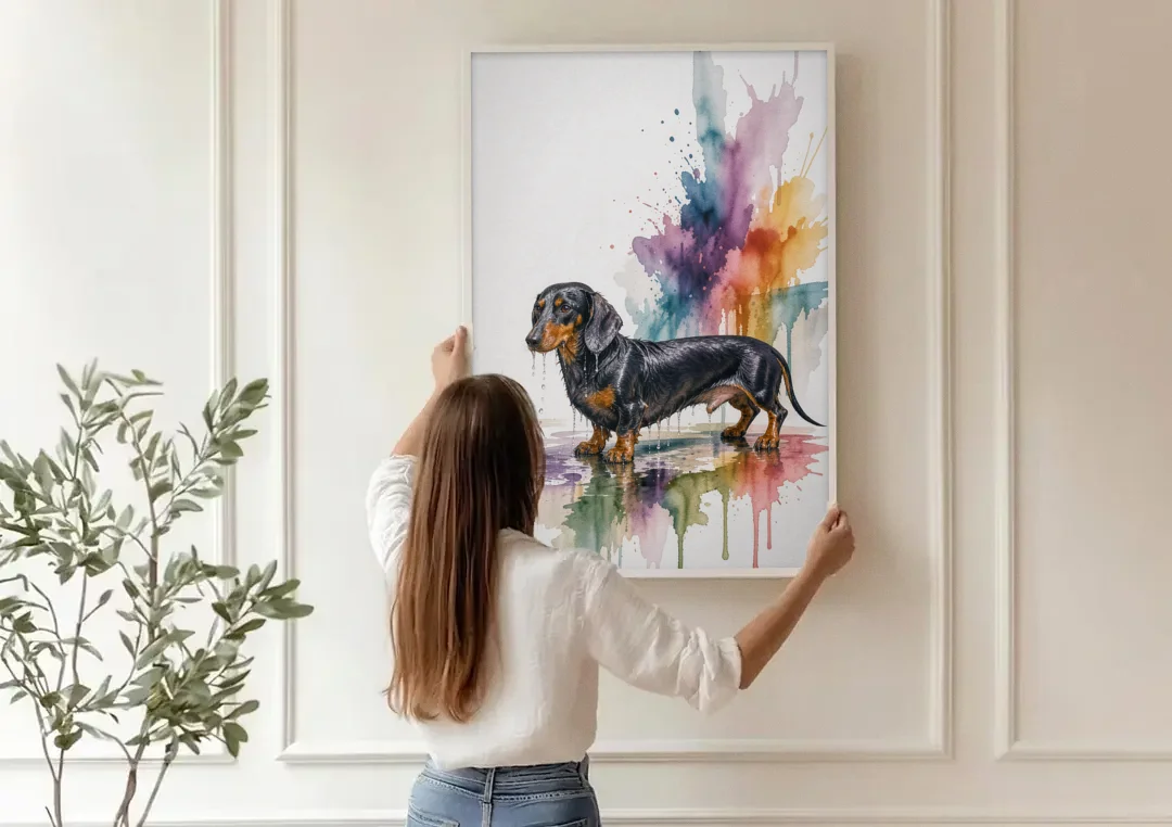 Dachshund Bathroom Wall Art Fresh from the Bath canvas wall art being hung on a paneled wall