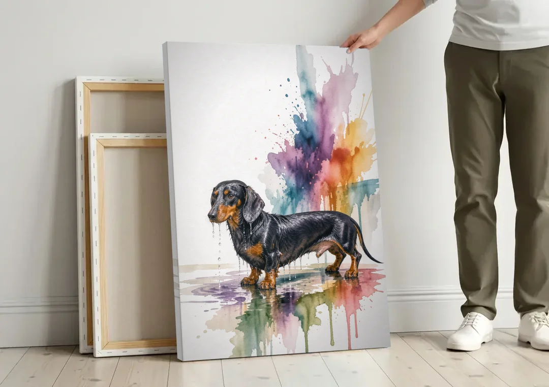 Dachshund Bathroom Wall Art Fresh from the Bath canvas wall art leaning against a wall next to blank canvases