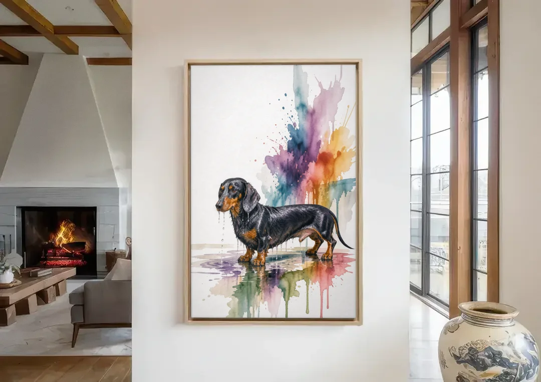 Dachshund Bathroom Wall Art Fresh from the Bath canvas wall art in a living room with a fireplace