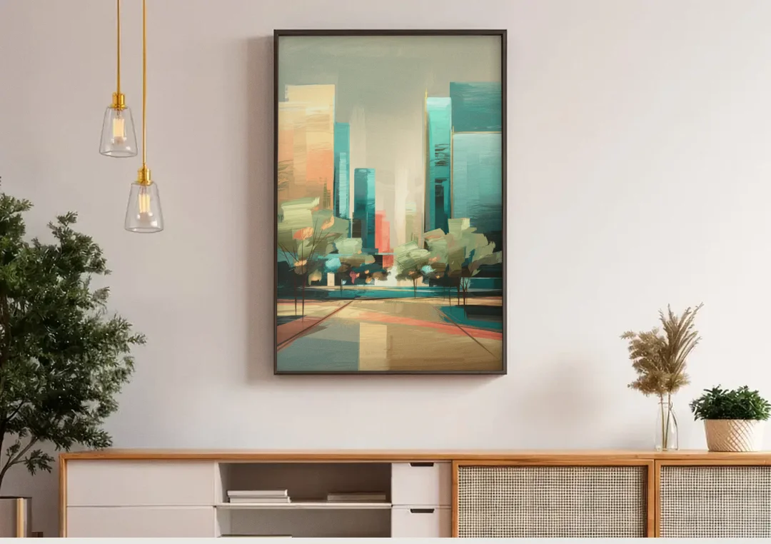 Dallas Arts District canvas wall art above a wooden sideboard under pendant lights