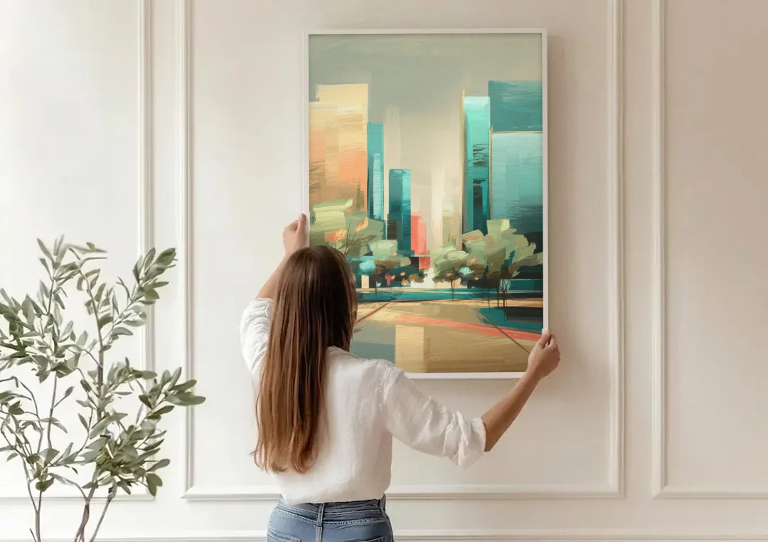 Dallas Arts District canvas wall art being hung on a paneled wall