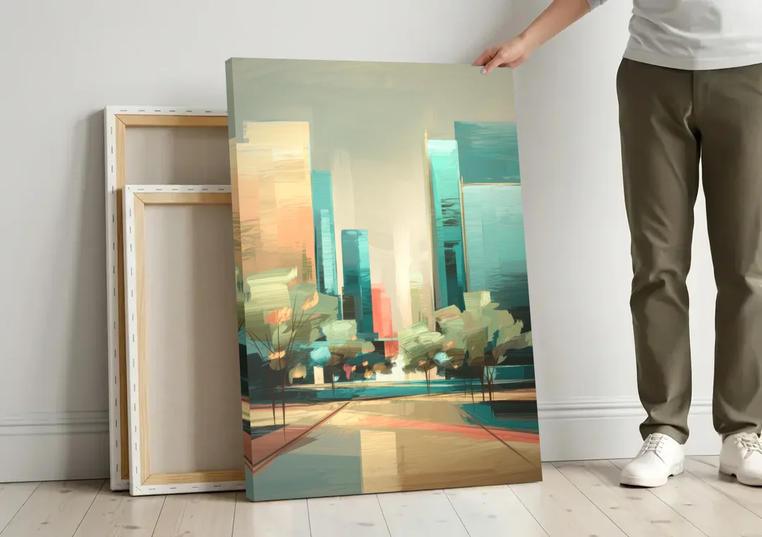 Dallas Arts District canvas wall art leaning against a wall next to blank canvases
